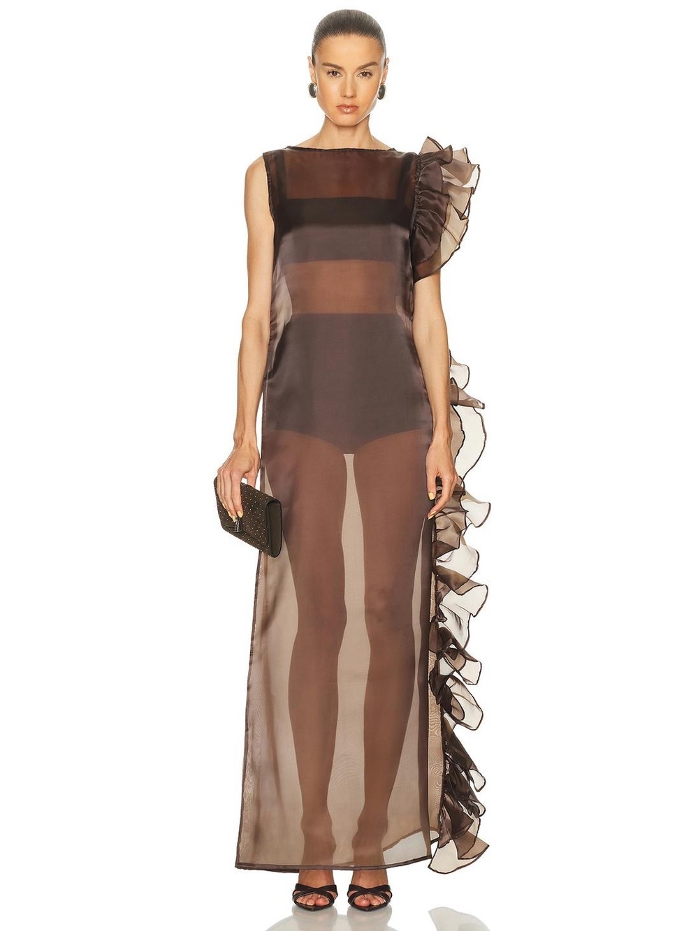 Marlies Grace Bea Chocolate Brown Sheer Ruffle Maxi Dress FWRD Revolve